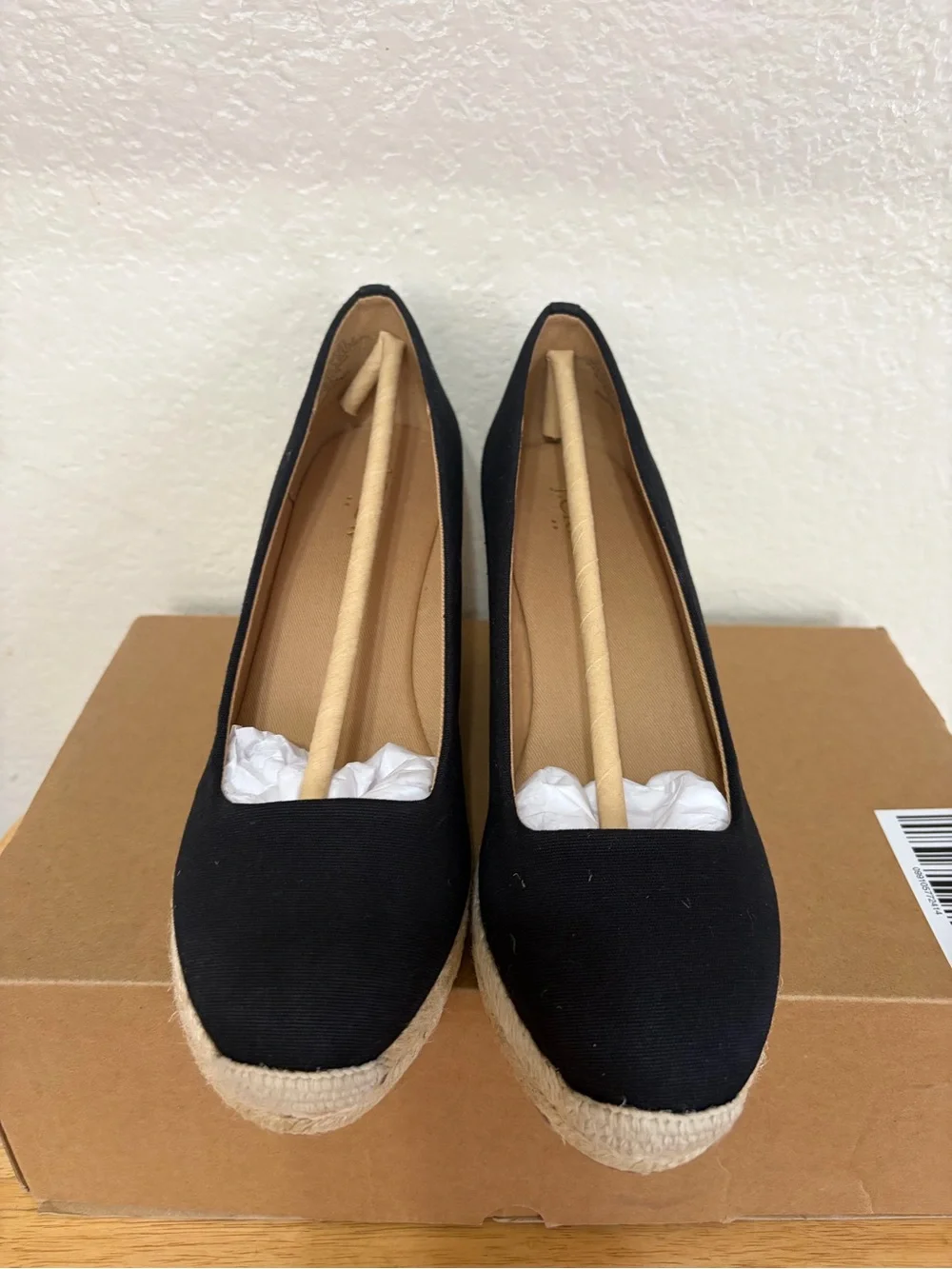 J. Crew Black Canvas Espadrille Wedge Pumps Size 7.5 Heels Round Toe Slip On